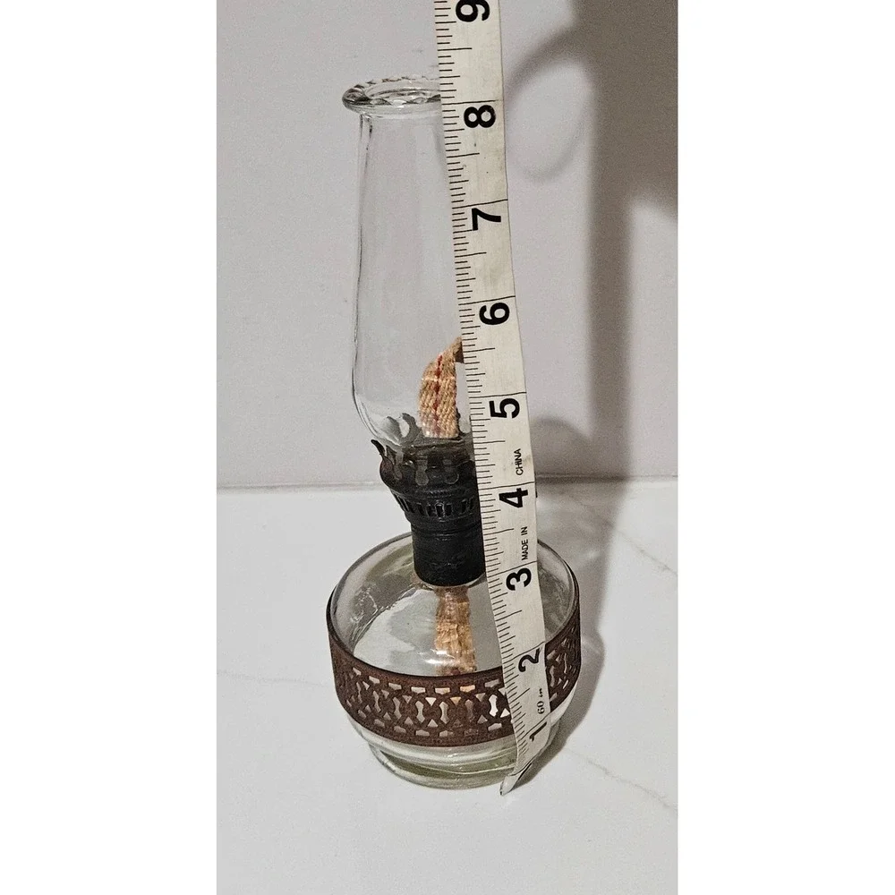 Vintage Miniature Glass Oil Lamp with Rusted Metal Filigree Band and Chimney